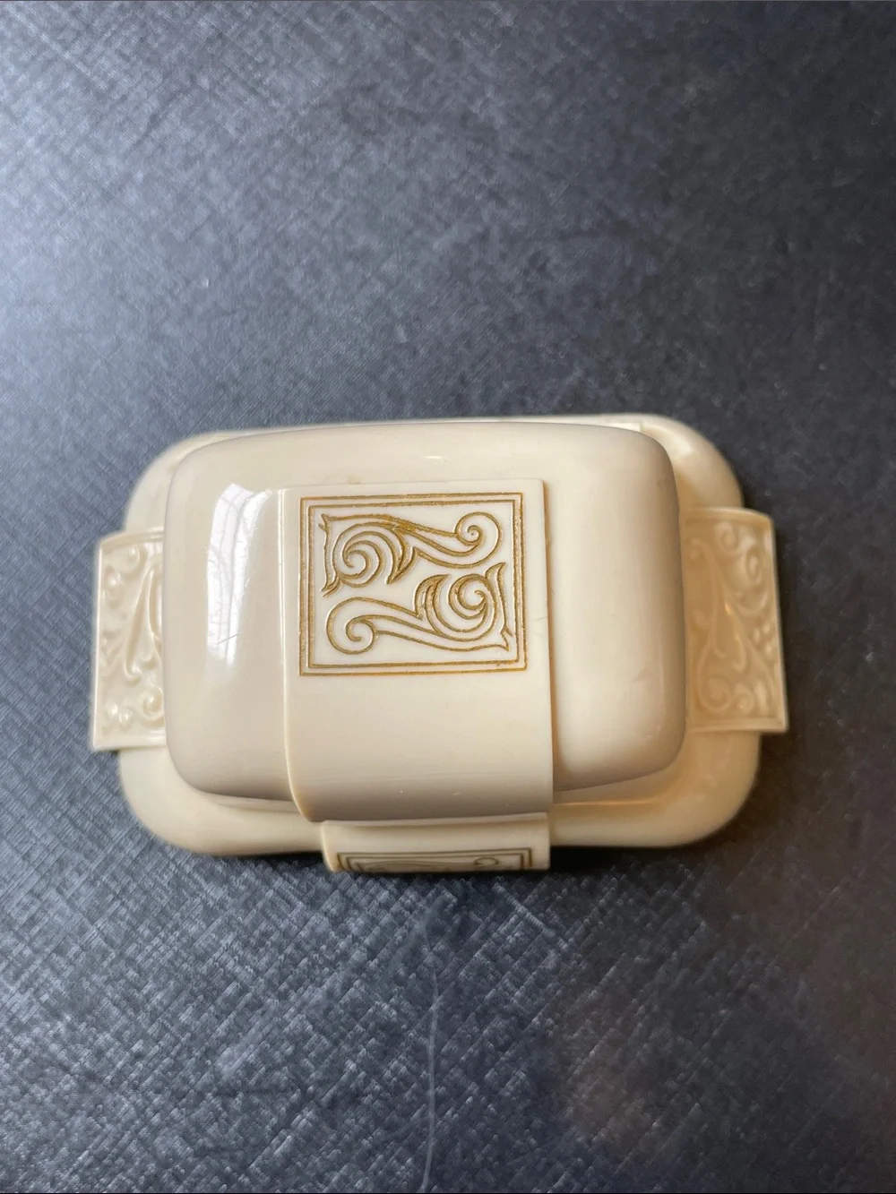 Vtg Dennison Art Deco Ring Box Celluloid Plastic Red Velvet Gold Scroll Accents